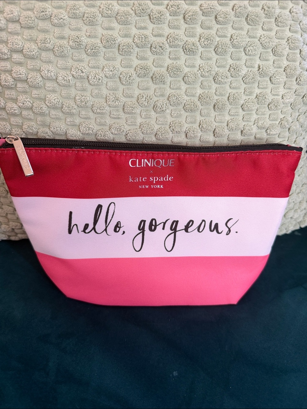 kate spade Clinique Pink White Striped "hello, gorgeous." Cosmetic Pouch